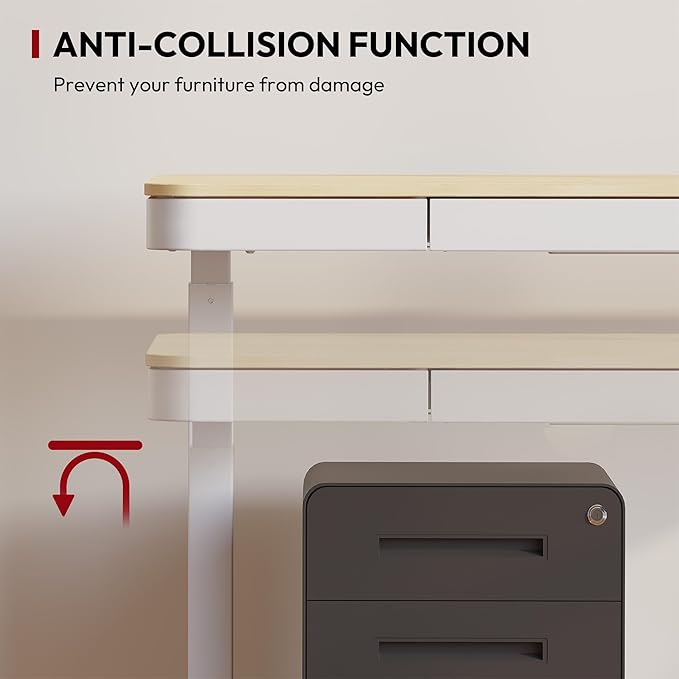 Standing Desk with Drawer Electric Height Adjustable Home Office Desk with Storage &amp USB Ports 48 inch Bamboo Texture Tabletop/White Frame
