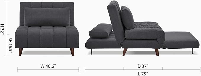 Artdeco Home 40 W Convertible Futon Chair with Matching Pillow(s) for Small Space Living Room and Apartment (03 Charcoal)