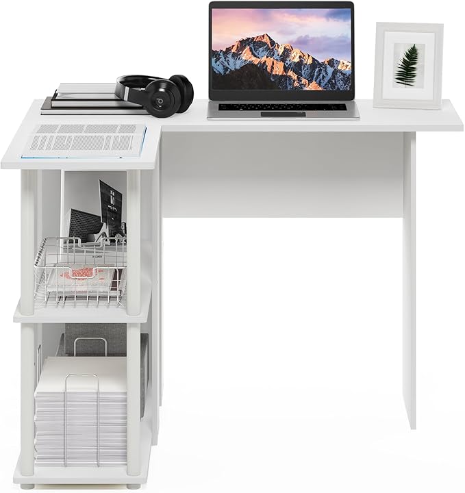 Furinno Abbott L-Shape Desk with Bookshelf 41.14 (W) x 28.94 (H) x 34.45 (D) inches White/White