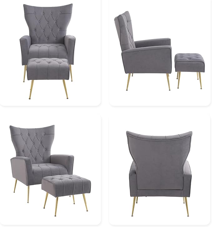 Velvet Accent Chair with OttomanUpholstered Tufted Wingback Arm Chair Modern Decorative Chairs with Gold Metal Legs for Bedroom Living Room (Grey1 Chair)