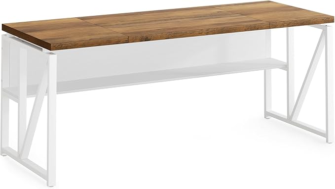 LITTLE TREE 63-Inch Executive Office Desk Large Computer Desk with Storage Shelf Executive Desk with Metal Frame Thickened Desktop Study Writing Desk Work Station for Home Office Rustic + White