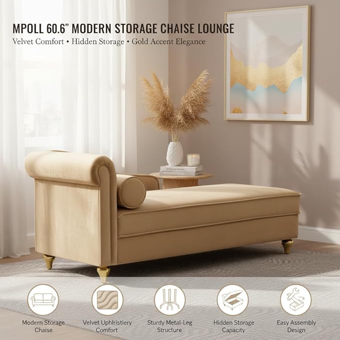 60.6 Modern Storage Chaise Lounge IndoorVelvet Upholstery Sofa Chair with1 Toss PillowsUpholstery Lounge Sofa with Gold Metal Legs for Small ApartmentLiving RoomOfficeReception AreaKhaki