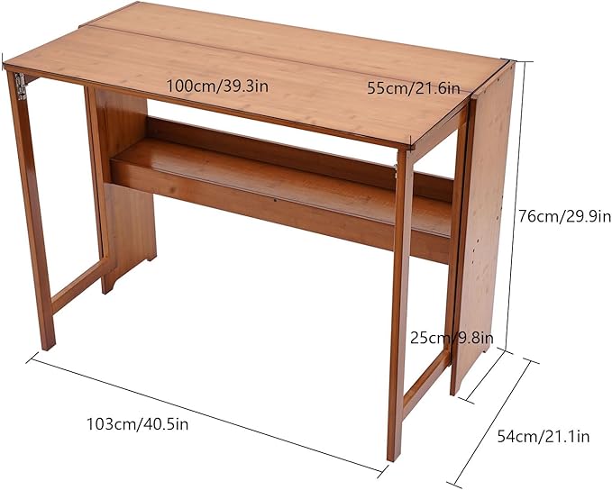 Folding Desk with Bookshelf Bamboo Writing Desk for Small Spaces Portable Study Desk for Students Foldable Computer Desk for Home Office Bedroom Dorm 39.4 x 21.6 Desk Top (Dark Brown)
