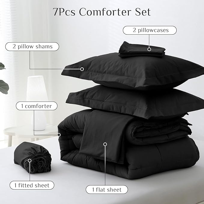 JOLLYVOGUE Oversized King Comforter Set Ultra-Soft Bed in a Bag Oversized King Size 7 Pieces Oeko-TEX Certified Bedding Set with Down Alternative Comforter Sheets Pillowcases &amp Shams Black