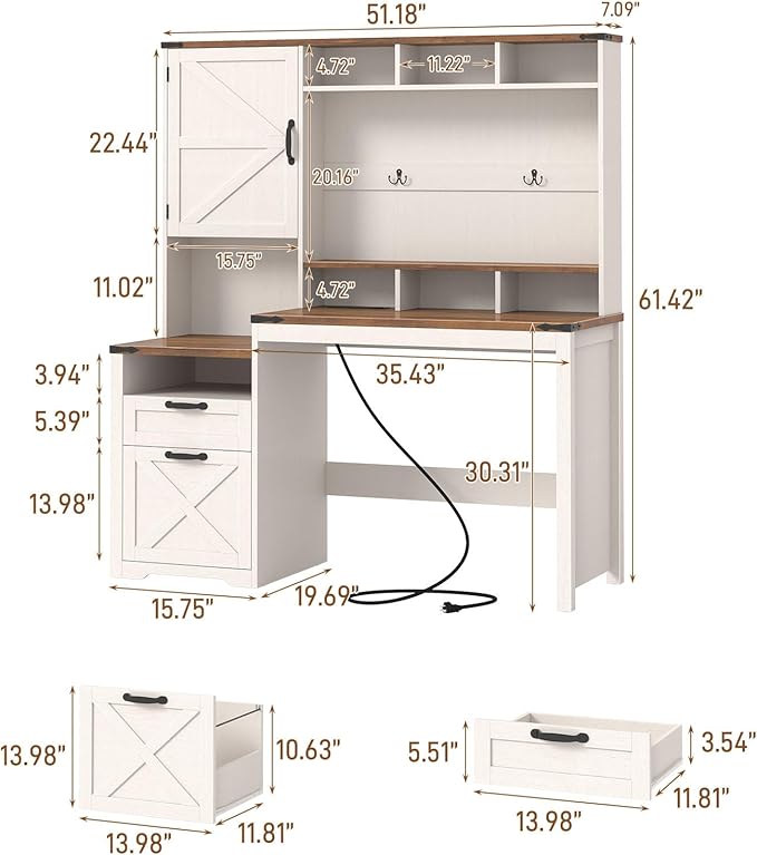 Vabches 51 Executive Desk Farmhouse Home Office Desk with Charging Station File Drawer Storage Cabinet Monitor Stand Wood Computer Desk with Hutch for Work Study Writing (White)