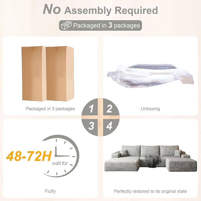 107.5 U Shaped Boneless Couch with Chaise ‌and Ottoman‌ Oversized Modular Sectional Sofa with Deep Seat Corduroy Cloud Couches for Living Room No Assembly Required Grey | Oversized Modular Deep