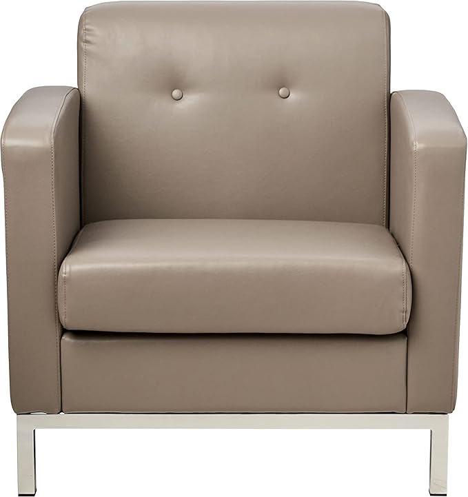 OSP Home Furnishings Wall Street Faux Leather Armchair with Box-Spring Cushion Button Tufted Back and Chrome Finish Base Smoke Grey