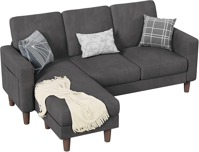 Homall Convertible Sectional Sofa 3 Seat L Shaped Couch with Side Storage Pocket Sofas with Movable Ottoman Small Linen Couches for Living Room &amp Apartment (Linen Fabric Dark Grey)