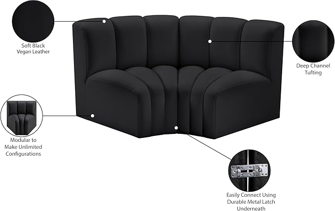 Meridian Furniture 101Black-S2B Arc Collection Modern | Contemporary Modular Sofa with Soft Black Vegan Leather Deep Channel Tufting Modular Design 60 W x 33 D x 30 H Black