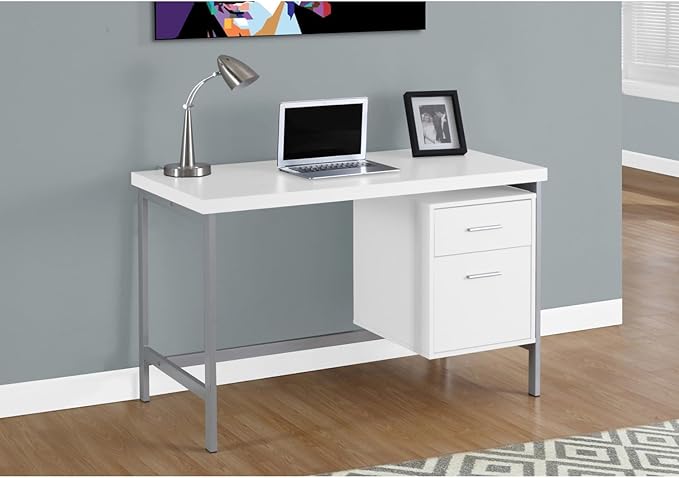 Sleek &amp Spacious 48 Computer Desk - Modern Home Office Set-Up with Storage Drawers - White Laminate &amp Grey Metal