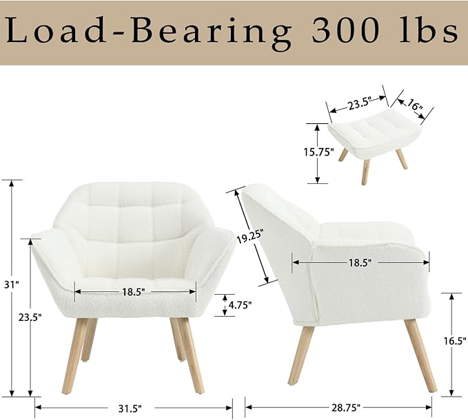Sherpa Accent Reading Chair with Ottoman Modern Fuzzy Chair with Ottoman Upholstered Armchair with Wood Legs Comfy Lounge Chair for Small Spaces Living Room Bedroom Book Nook White