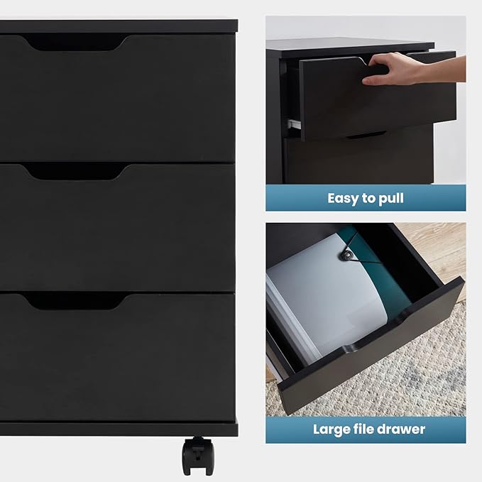 Farini Mobile File Cabinet for Home Office 3 Drawer Chest Wood Drawers Unit for Under Desk Storage Drawers Cabinet Black