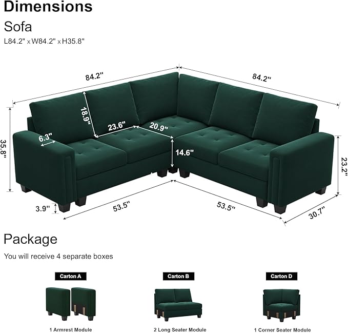 Belffin Velvet Modular Sectional Sofa Convertible Sectional Sofa Couch with Reversible Chaise L Shaped 4 Seater Corner Sofa Couch Green