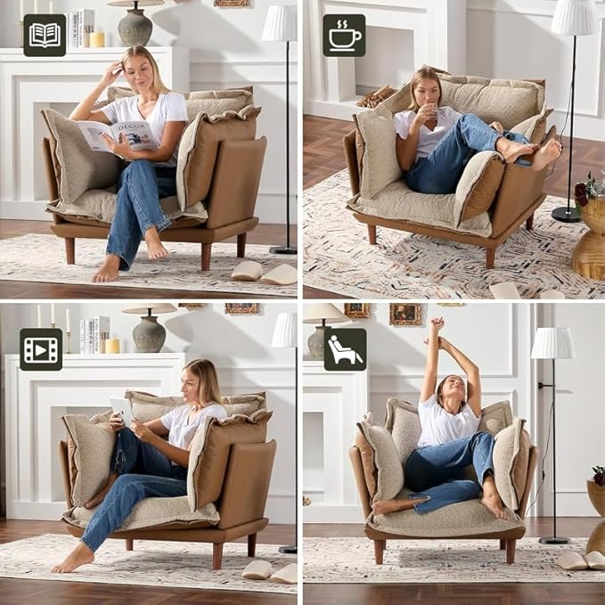 Leather Oversized Armchair Modern Accent Chair Single Sofa Lounge Chair Leather and Fabric Two-Faced Material 43.5 Wide 21.3 Seat Deepth for Living Room Bedroom (Brown)