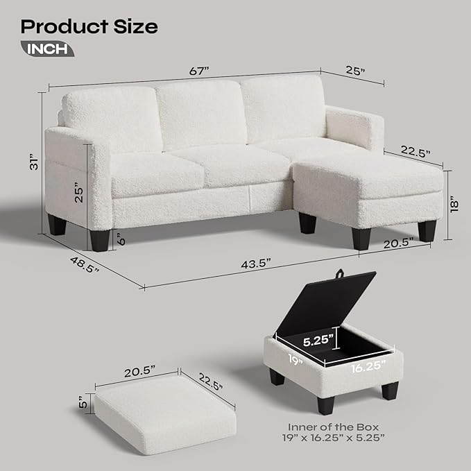 L-Shaped Sectional Sofa with Reversible Chaise Modern Boucle Upholstered Couch with Spring Cushions Comfortable Corner Sofa for Living Room Apartment &amp Small Space