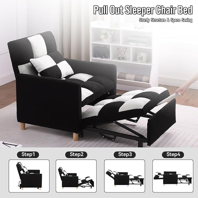 Convertible Sleeper Sofa Chair Bed3-in-1 Sleeper Chair Bed with PillowPull Out Single Armchair Sofa Bed with Adjustable Backrest Multi-Functiona Lounge Chair for Living Room (White/Black)