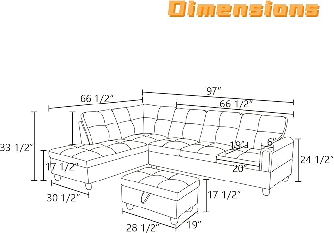 FONTOI L Shaped Sectional Couch with Otttoman 97 Sectional Sofa for Living Room Flannel Modular Couches with Cup Holders for Bedroom Apartments Grey