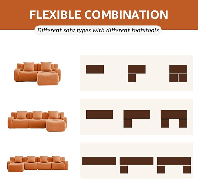 Orange L-Shaped Cloud Couch with 1 Ottoman Modern Teddy Fabric Boneless Sectional Sofa in a Box Modular Floor Sofa for Living Room Deep Seat No Assembly Required Sofas para Sala