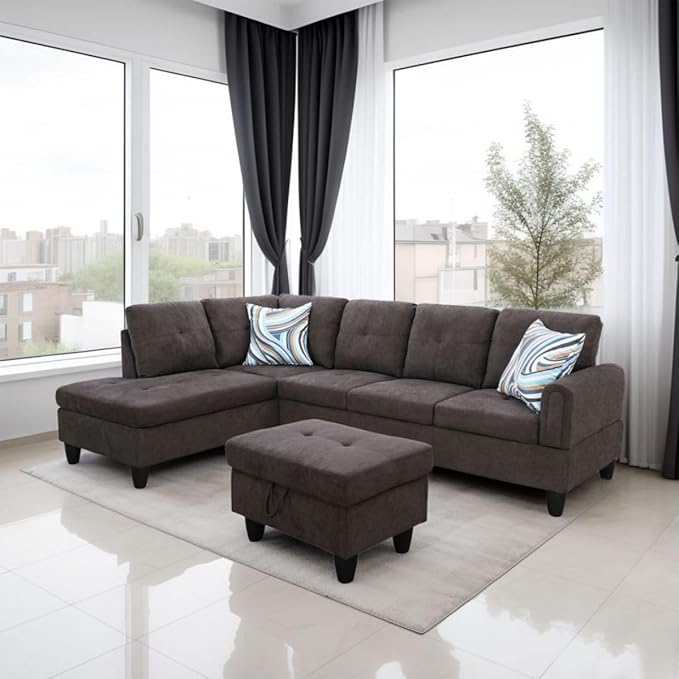 Dark Brown L-Shaped 3-Piece Flannel Sofa with Storage Ottoman Set Sectional Couch Sofa Set for Living Room Office Small Space
