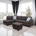 Dark Brown L-Shaped 3-Piece Flannel Sofa with Storage Ottoman Set Sectional Couch Sofa Set for Living Room Office Small Space