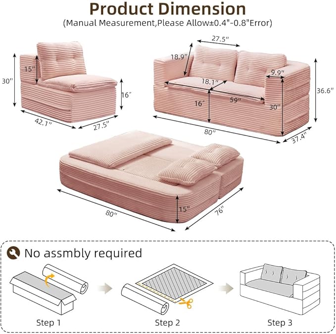 3-in-1 Convertible Folding Sofa Bed 80 Queen Size Sleeper Corduroy Curved Couch Fluffy Couch Multi Functional Sectional Sofa Bed with Chaise Lounge and Blanket (Baby Pink 2 Seat+1 Chaise)