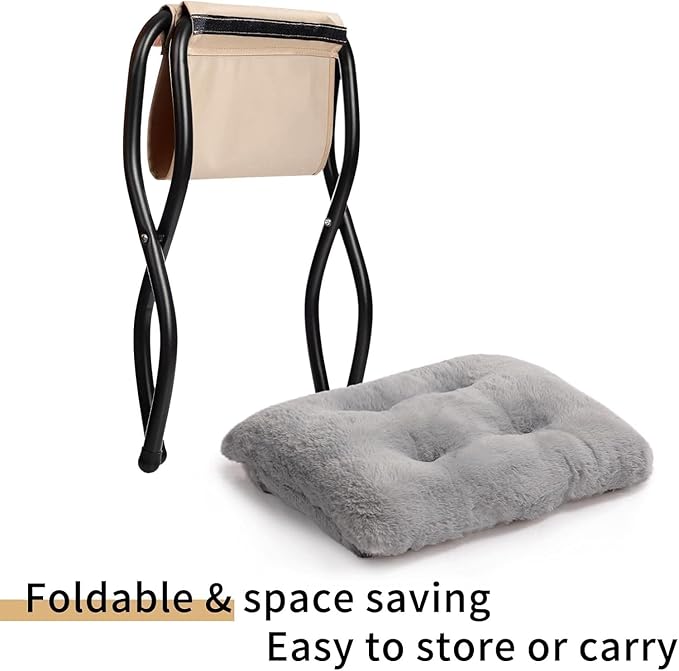 HollyHOME X-Large Saucer Chair with Foldable Ottoman Comfy Oversized Folding Chair and Folding Footrest Stool Set Faux-Fur Reading Chair and Footstool for Living Room Bedroom Grey Chair&ampStool