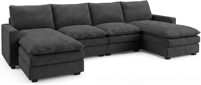 HONBAY 127.2 Inch Corduroy Cloud Modular Sectional Sofa with Chaise Deep Seat U-Shaped Couch with Storage for Living Room Apartment Small SpaceGrey