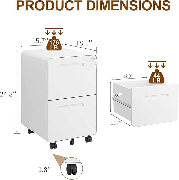 File Cabinet Mobile Filing Cabinet with Lock All Steel Structure Printer Stand Fully Assembled Except Casters Under Desk Storage for Home Office 2 Drawers Document Organizer White
