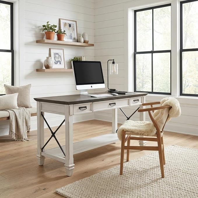 White Wood Writing Desk with Three Utility Drawers Built-in Power Center Charging Shelf and Spacious Home Office Work Surface