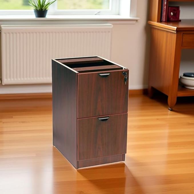 Mahogany Full Pedestal File Cabinet Two-Drawer Filing Unit Thermal Fused Melamine Construction Scratch-Resistant Finish Cam Lock Assembly System Leveling Glides
