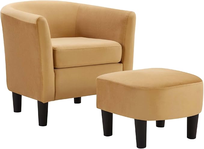 Green Swivel Accent Chair with Ottoman 360° Barrel Chairs with Foot Stool Comfy Reading Chair with Removable Pillow &amp 2 Armrest Covers for Living Room Small Spaces Bedroom (Chenille Yellow)