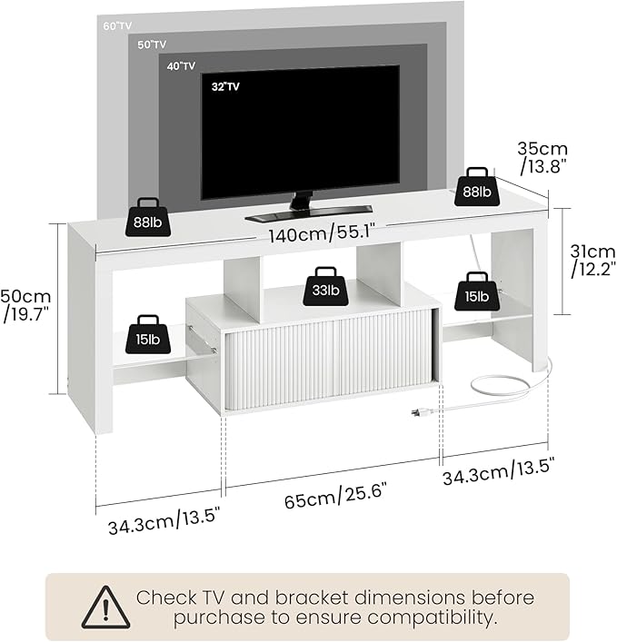 TV Stand with Power Outlet Modern TV Cabinet for 55 60 inch TVs Media TV Console with LED Light Strip Media Entertainment Center with Storage for Living Room Bedroom White MDS02UDWB