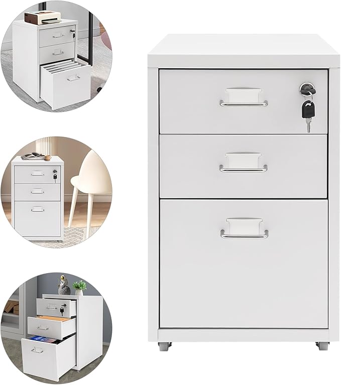 Metal Mobile File Cabinet Rolling Steel Vertical File Cabinet Filing Storage Organizer with Lock and Wheel for Home Office Legal/Letter Size 3-Drawer White