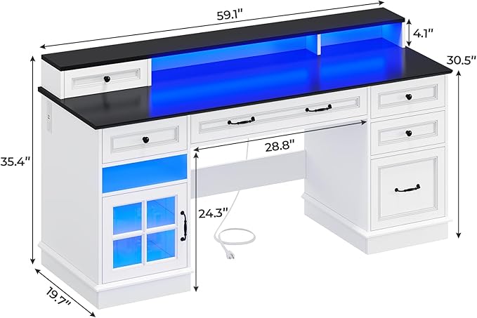 BTHFST Executive Desk with File Drawer Computer Desk with Monitor Stand Home Office Desk with Drawers &amp Storage Cabinet Writing Desk with Charging Station &amp LED Lights White