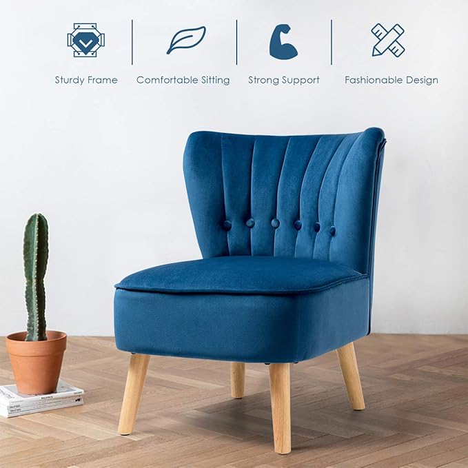 Giantex Set of 2 Modern Velvet Accent Chair Small Upholstered Leisure Sofa Chair w/Wood Legs Thickly Padded and Button Tufted Armless Wingback Club Chairs for Living Room Bedroom Furniture Blue