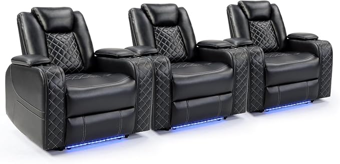 CANMOV Electric Power Recliner Chair Set of 3 with USB/Type-C Ports and Ambient LightingBreathable Faux Leather Home Theater Seating with Adjustable HeadrestCup HoldersHidden Arm StorageBlack