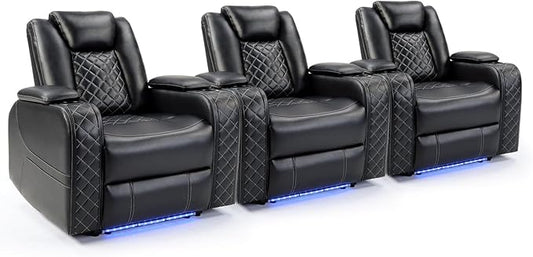 CANMOV Electric Power Recliner Chair Set of 3 with USB/Type-C Ports and Ambient LightingBreathable Faux Leather Home Theater Seating with Adjustable HeadrestCup HoldersHidden Arm StorageBlack