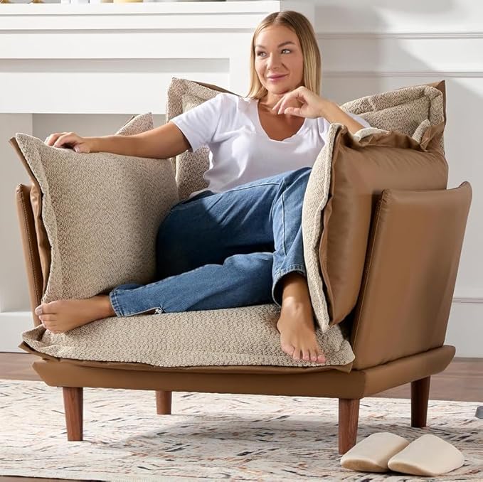 Leather Oversized Armchair Modern Accent Chair Single Sofa Lounge Chair Leather and Fabric Two-Faced Material 43.5 Wide 21.3 Seat Deepth for Living Room Bedroom (Brown)