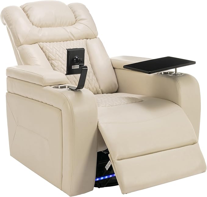 Beige Power Recliner Chair with Cupholders &amp Storage - Armchair Electric Reclining with USB Port 360° Swivel Tray Table Cell Phone Stand Ambient Lighting Leather Living Room Chair for Home The