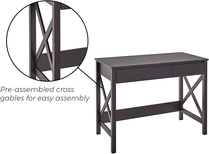ClosetMaid 3955 X-Frame Design Writing Desk or Console Table with Drawers Black Walnut Wood