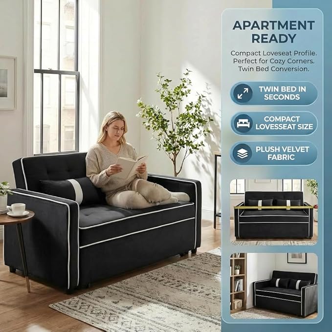 Convertible Velvet Sofa Bed with Pull-Out Bed &amp Side Storage Pockets Modern Sleeper Sofa for Living Room Apartment Small Spaces and Bedroom (7705-Black)