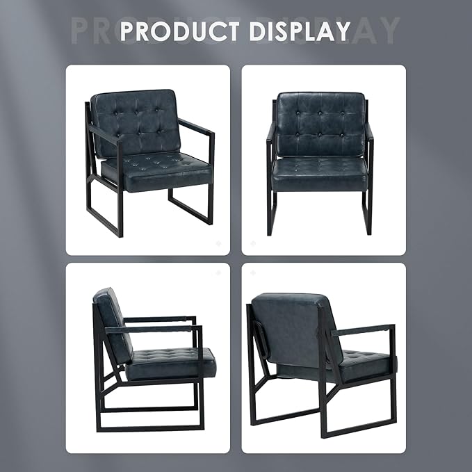 COLAMY Accent Chairs Set of 2 Modern Accent Arm Chairs for Living Room Comfy Leather Armchairs with Metal Legs for Bedroom Reception Room Blue