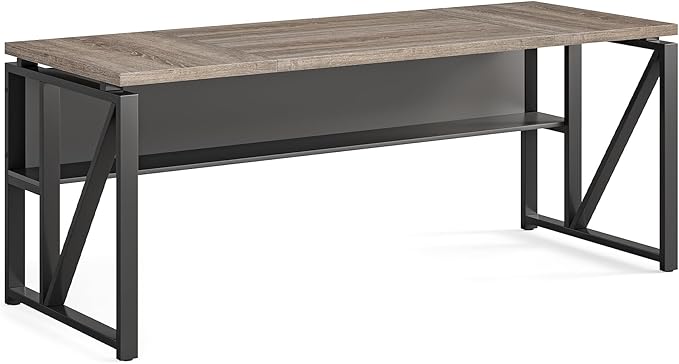 LITTLE TREE 63-Inch Executive Office Desk Large Computer Desk with Storage Shelf Executive Desk with Metal Frame Study Writing Desk Work Station for Home Office Grey + Black