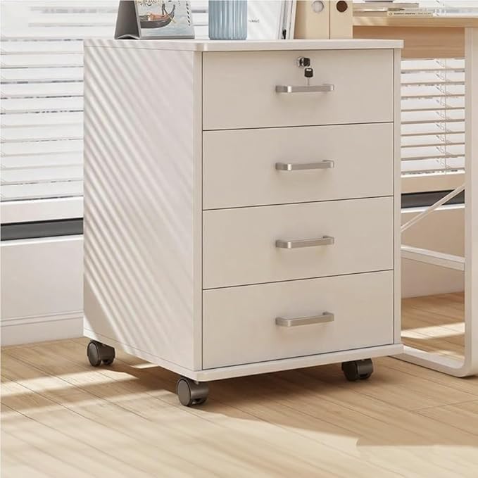 Mobile File Cabinet Wooden Low Desk Drawer with Four Drawers Lockable Storage Cabinet with Removable Wheels Multifunctional Locking Cabinet for Office(White)