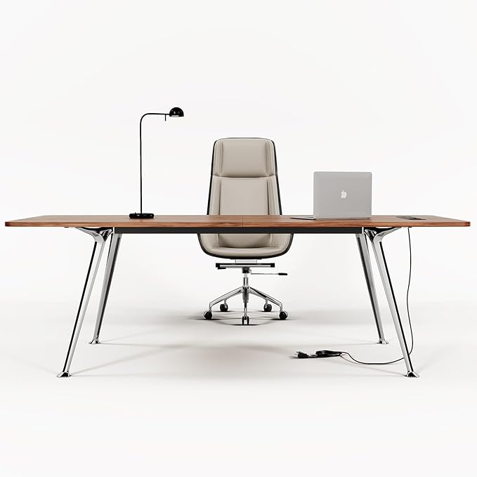 60-Inch Executive Desk Computer Office Desk Workstation with Chrome-Plated Legs and Built-in Power Outlet Writing Table Business Furniture Modern Minimalist Style for Home Office Walnut