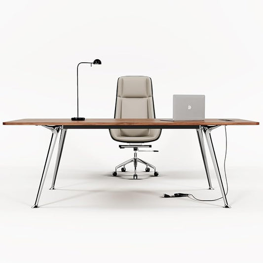 60-Inch Executive Desk Computer Office Desk Workstation with Chrome-Plated Legs and Built-in Power Outlet Writing Table Business Furniture Modern Minimalist Style for Home Office Walnut