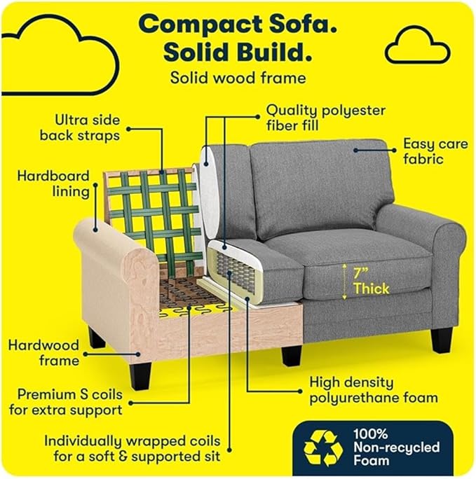 BOWERY HILL 61 Rolled Arm Loveseat Sofa Removable Covers Dark Gray Upholstery Compact Space-Saving Design Solid Wood Frame High-Density Foam Cushions Low-Profile Seating for Small Living Room
