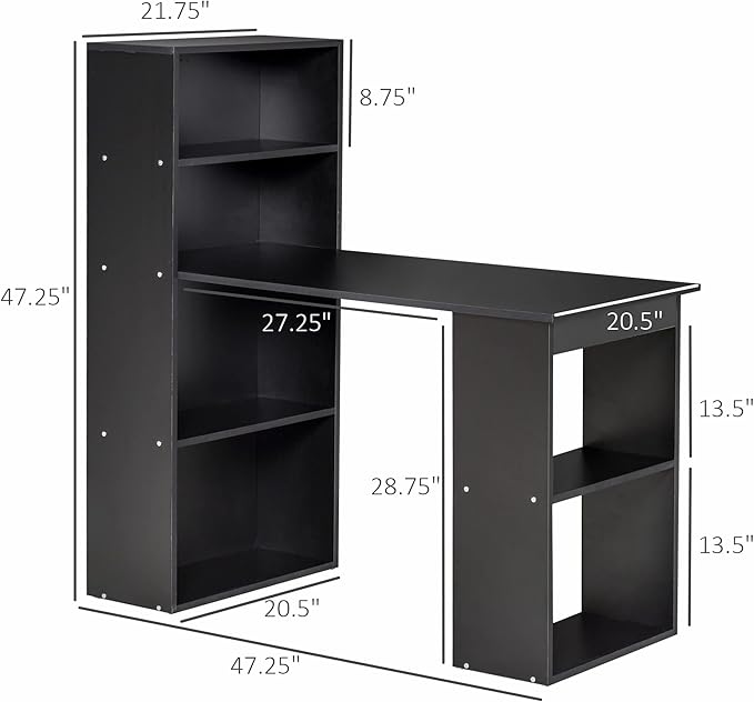 Modern Home Office Desk with 6 Tier Storage Shelves 47 Writing Table with Bookshelf Black
