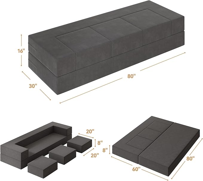 Folding Sofa Bed - Convertible Velvet Floor Couch Bed with Removable Cover 3 Ottomans Fold Out Couch Memory Foam Mattress Lazy Sofa for Dorm/Guest Room/Home Office Queen Grey