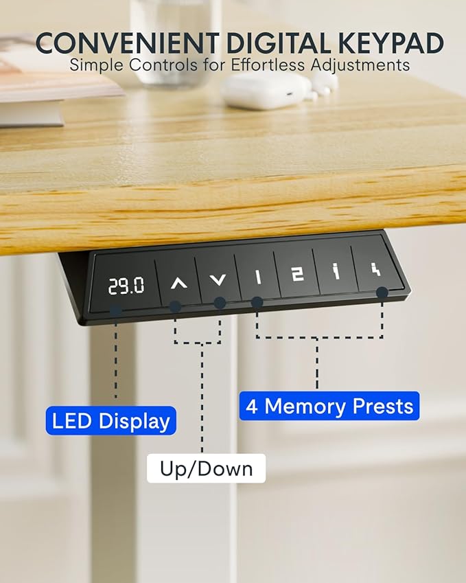 FLEXISPOT EN1 Solid Wooden Single-Piece Standing Desk 48 x 24 Inches Sit Stand Desks for Home Office and Gaming (White Frame + Rubber Wood Top 2 Packages)